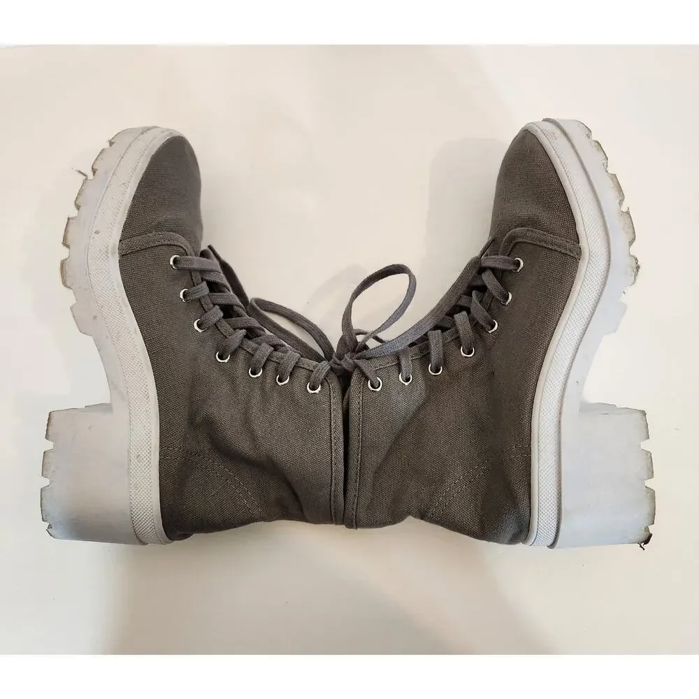 FOREVER 21 Grey White Canvas Platform Combat Lug Sole Sneaker Boot Womens 8
